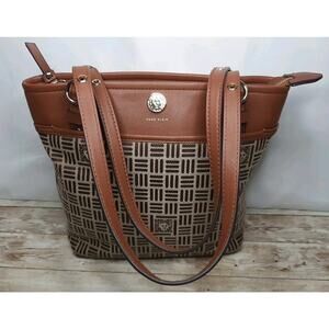 Anne Klein Tote Bag Handbag Purse Zip Top Brown/Tan Vegan Leather Canvas